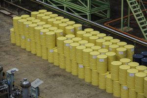 Top view oil barrels yellow or chemical drums  vertical stacked up